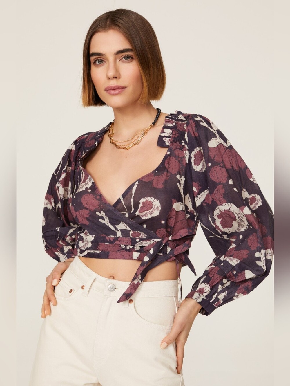 Cleobella Valencia Top Organic Cotton Floral Wrap Crop Top XS